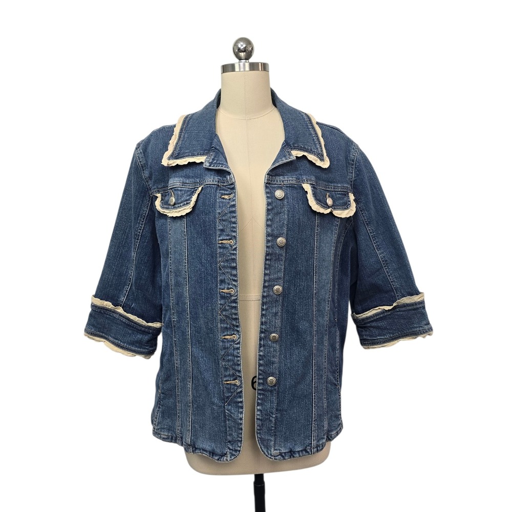 AMI Denim Jacket Women's 2X Blue Lace Trim 3/4 Sleeve Button Front Western